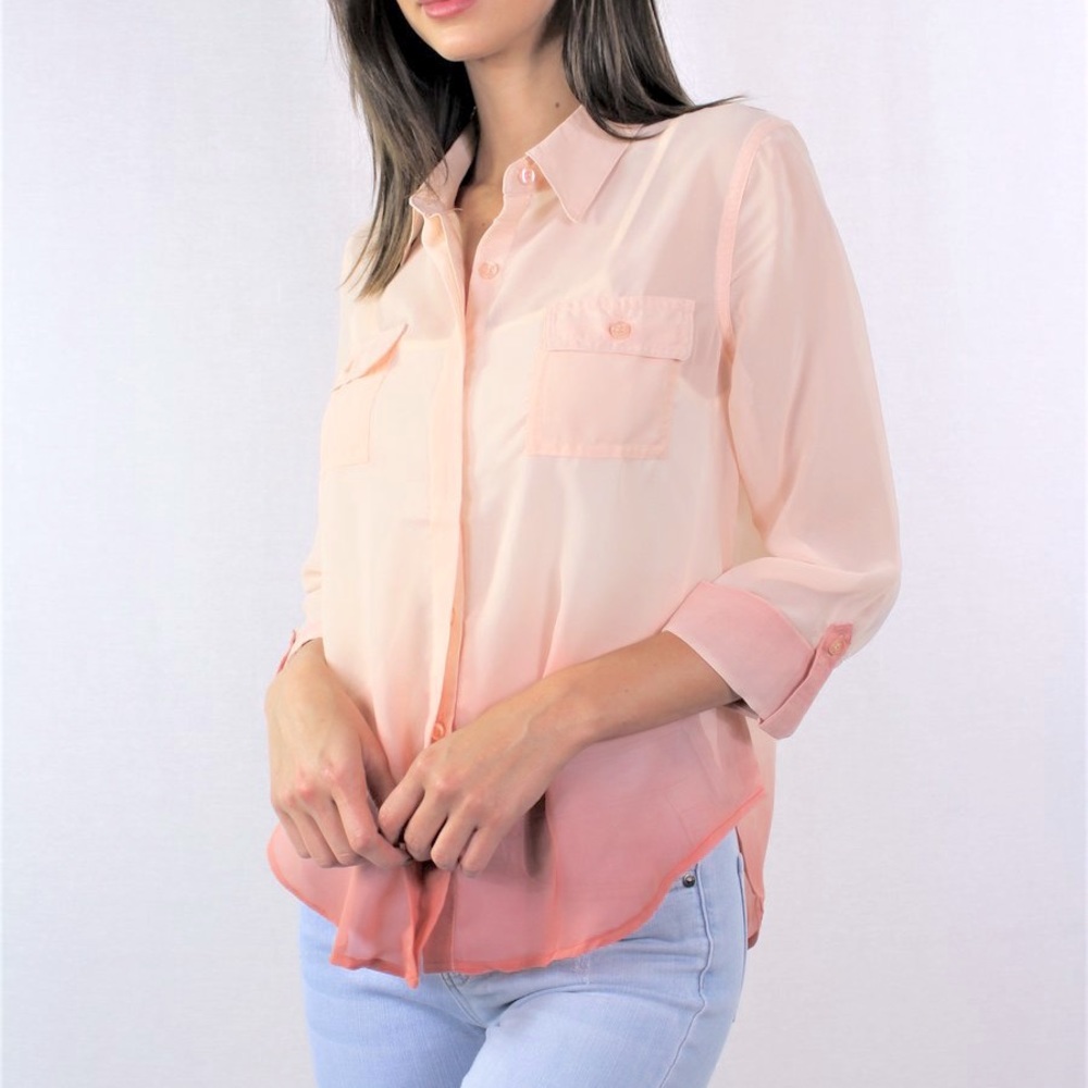 Peach to Pink Ombré Long Sleeve Button Up Blouse